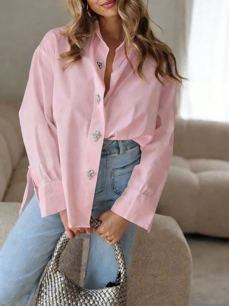 Pink Casual Women's Elegant Loose Fit Front Button Rhinestone Embellished Shirt